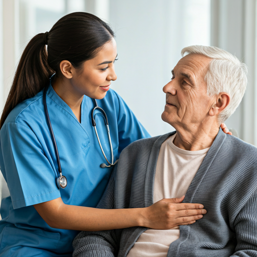 A KuCare nurse providing compassionate in-home care to an elderly participant.